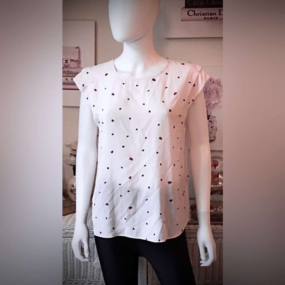 Joie Ladybug Motif Pullover Blouse Keyhole Back Short Sleeves Pale Pink Size M